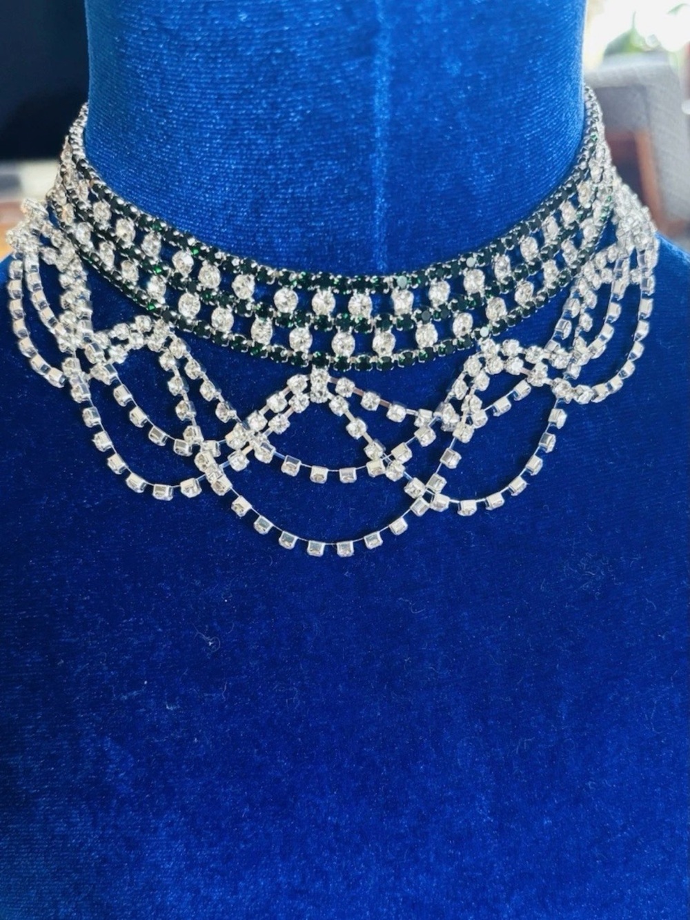 Multi-Row Rhinestone and Emerald green Crystal Fringe Chocker. Statement Piece